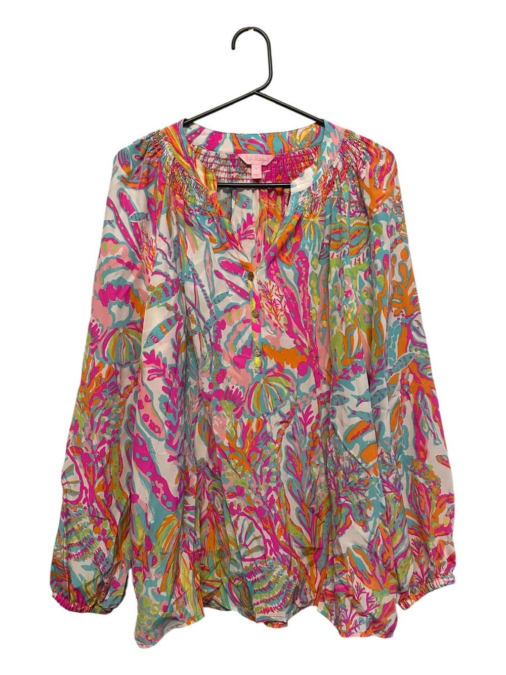 2015 Lilly Pulitzer 100% Silk Pink, Orange & Teal Floral Peasant Blouse Large